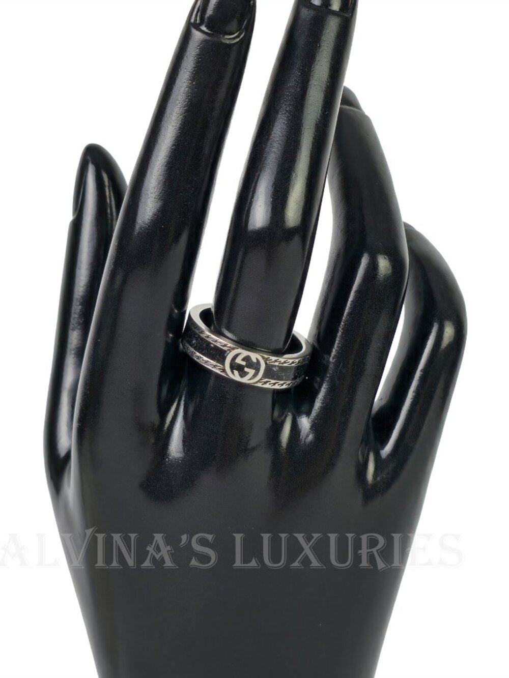 GUCCI RING STERLING SILVER w BLACK ENAMEL INTERLOCKING GG LOGO sz 22 US 10 - Picture 7 of 16